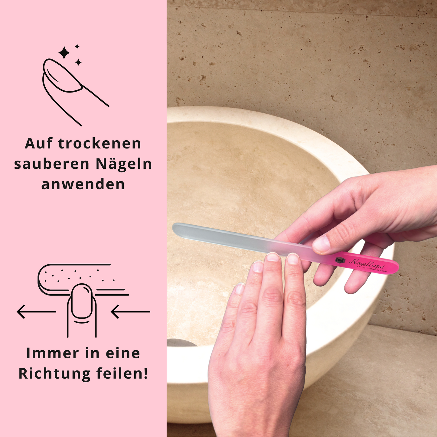 Die Glasnagelfeilen auf trockenen sauberen Nägeln anwenden und für ein traumhaftes Ergebnis immer in eine Richtung feilen. Diese Nagelfeilen aus Glas sind gut für brüchige Nägel geeignet und schützen vor schnellem Splittern und Einreißen 