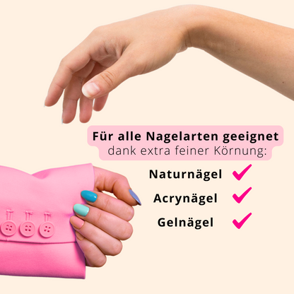 Die Nageltussi Glasnagelfeile sowie das Schleifstück. Beide von der Firma Schmierzeug aus Deutschland sind für alle Kunstnägelarten (Gelnägel, Acrylnägel, Nagelfolien) und Naturnägel dank der feinen Körnung des Qualitätsglases super geeignet.  