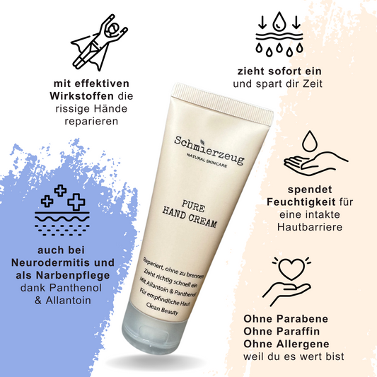 Handcreme mit effektiven Wirkstoffen. handcreme für Neurodermitis und als Narbenpflege dank Pnthenol und Allantoin. Handcreme, die Feuchtigkeitspendet für eine intakte Hautbarriere. Handcreme die sofort einzieht. Handcreme für Männer.