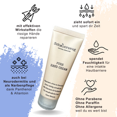 Handcreme mit effektiven Wirkstoffen. handcreme für Neurodermitis und als Narbenpflege dank Pnthenol und Allantoin. Handcreme, die Feuchtigkeitspendet für eine intakte Hautbarriere. Handcreme die sofort einzieht. Handcreme für Männer.
