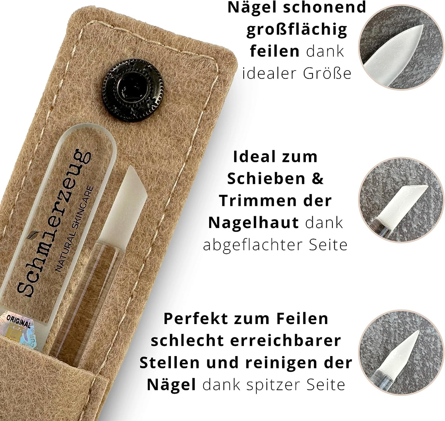 Glasnagelfeilen-Set mit beigem Etui. Drei Detailbilder zeigen: eine spitze Feile zum schonenden und großflächigen Feilen, eine abgeflachte Seite des Manikürestabs zum Schieben und Trimmen der Nagelhaut, sowie eine spitze Seite zum Reinigen und Feilen schwer erreichbarer Stellen.