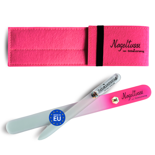 Nageltussi Glasnagelfeilen Set in pink mit pinkem Filzetui bestehend aus einer kleinen und einer großen sehr feinen Glasnagelfeile aus gehärtetem Qualitätsglas