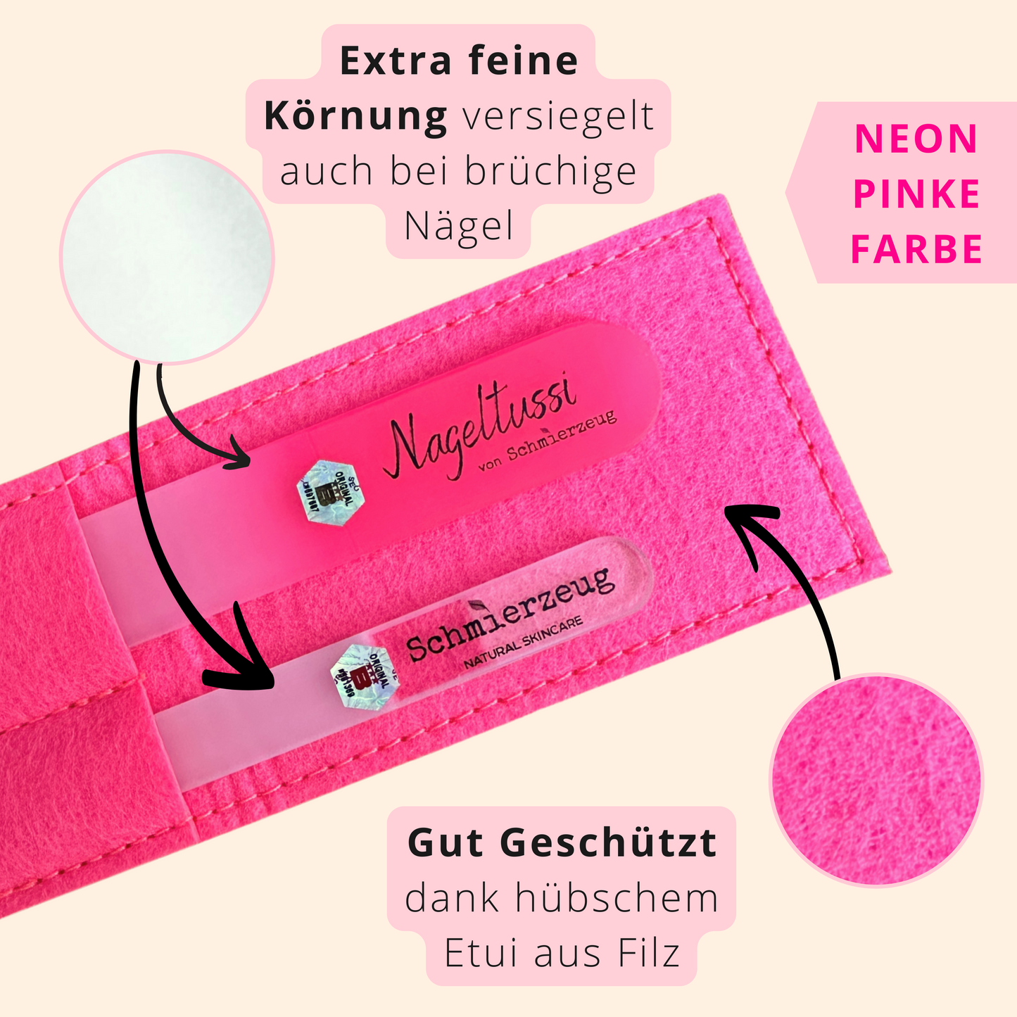 Die extrafeine Körnung der Glasnagelfeilen versiegelt auch brüchige Nägeln. Gute geschützt sind die Glasnagelfeilen durch das pinke Filzetui. 