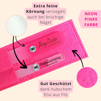 Die extrafeine Körnung der Glasnagelfeilen versiegelt auch brüchige Nägeln. Gute geschützt sind die Glasnagelfeilen durch das pinke Filzetui. 