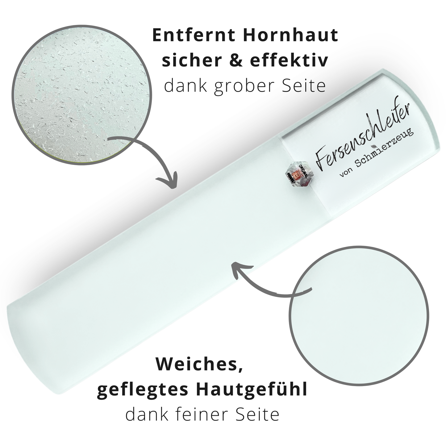 Detailansicht Glasfeile mit grober und feiner Seite – ideal für effektive und schonende Hornhautentfernung. Fußpflege/ Pediküre zu Hause für Männer und Frauen.