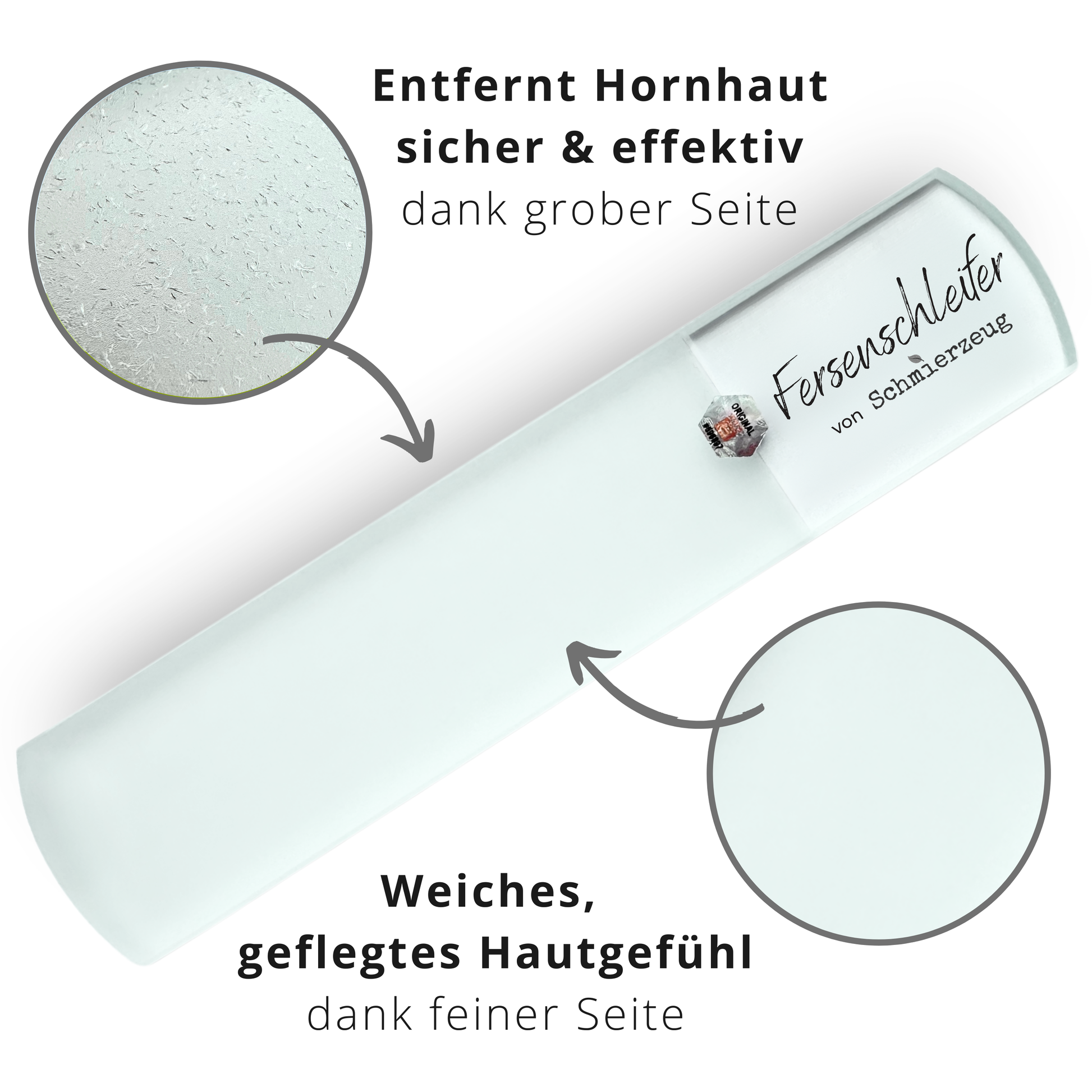 Detailansicht Glasfeile mit grober und feiner Seite – ideal für effektive und schonende Hornhautentfernung. Fußpflege/ Pediküre zu Hause für Männer und Frauen.