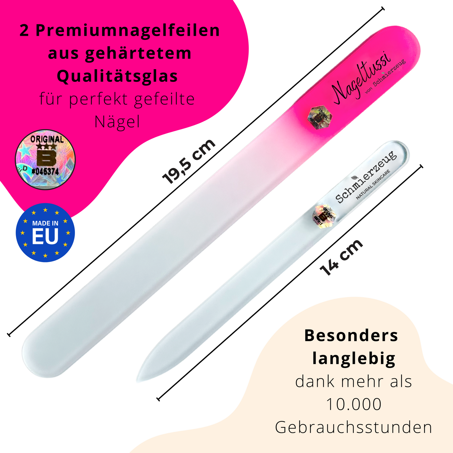 Beide Nagelfeilen bestehen aus gehärtetem Qualitätsglas und sind besonders langlebig dank mehr als 10.000 Gebrauchsstunden. Die eine Glasnagelfeile ist 19,5 Zentimeter lang, die andere Glasnagelfeile ist 4 Zentimeter lang. 