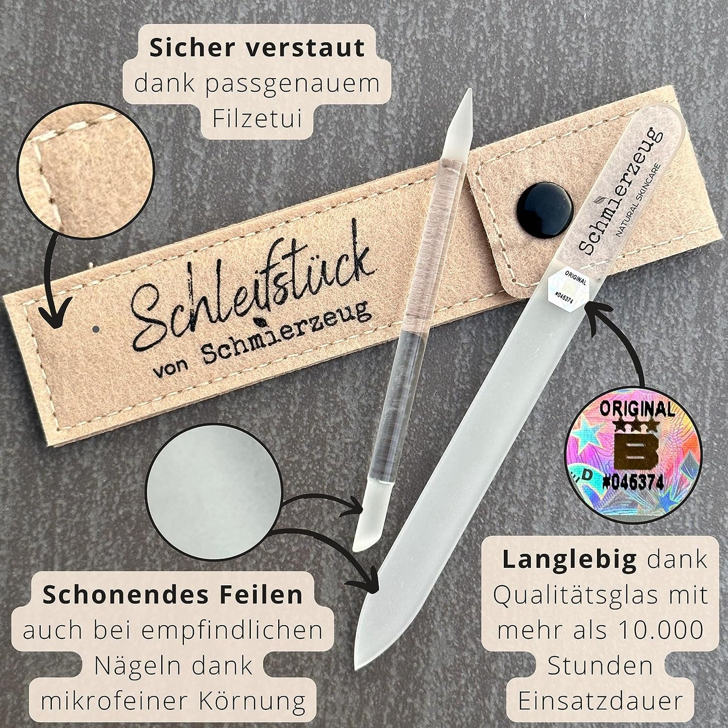Glasnagelfeilen-Set mit beigem Filzetui. Drei Detailbilder zeigen: das passgenaue Etui, die feine Feilenstruktur – auch für empfindliche Nägel geeignet – sowie ein Qualitätssiegel für langlebiges Original-Qualitätsglas.