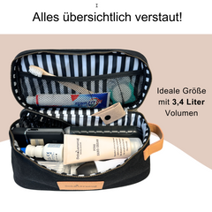 Schwarzer Kulturbeutel wird gefüllt mit vielen unterschiedlichen Dingen gezeigt. Füllmenge 3,4 Liter.