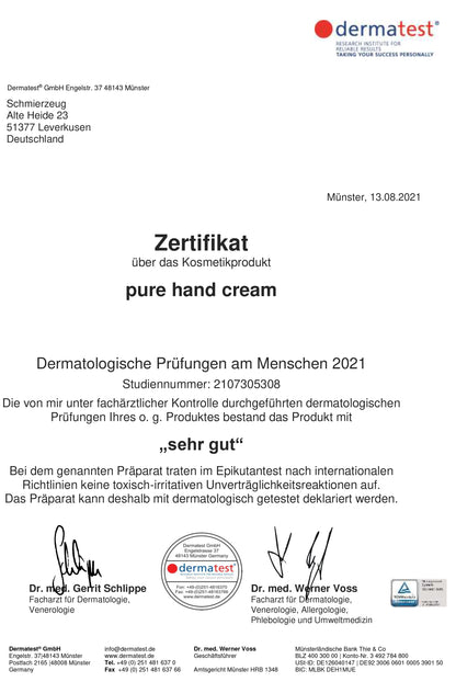 Dermatest. Handcreme von Ärzten empfohlen. Dermatologisch getestet. Sehr gute Handcreme. Für Neurodermitiker, Menschen mit Psoriasis, mit empfindlicher Haut. baut die Hautbarriere mit Allantoin und Panthenol auf. Enthält LInolsäure. Reparierend und pflegend mit bio Sheabutter. Vegan-friendly und tierversuchsfrei ohne Parabene, ohne Mikroplastik, ohne Paraffine, ohne Silikon. 